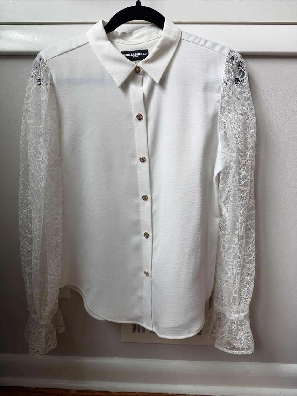 Karl Lagerfeld White Button-Down Blouse with Lace Sleeves